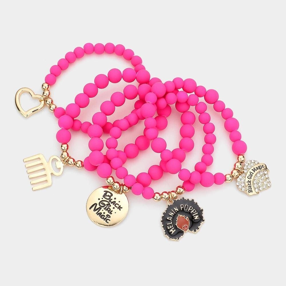 5PCS Black Girl Magic Charm Bracelets Set Multi Layered Jewelry for Women - Picture 2 of 2